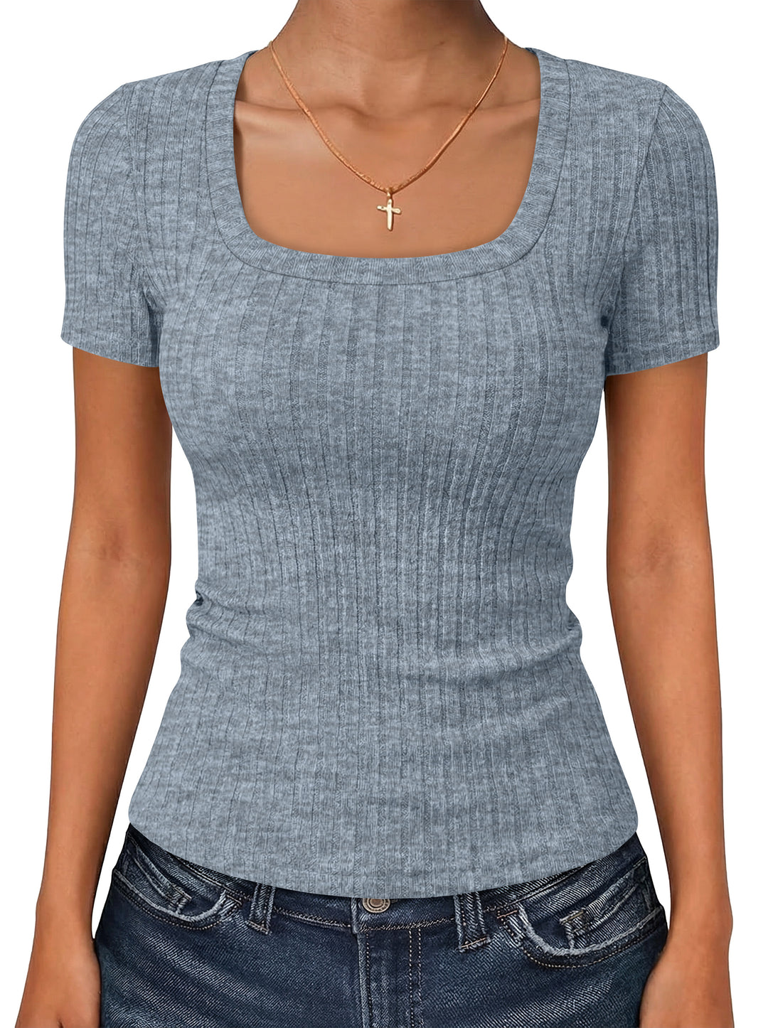 ANRABESS Womens Square Neck Tops, Soft Lightweight Rib Knit Sweater, Short Sleeve Slim Fit Shirts, Summer Casual Outfits 2026
