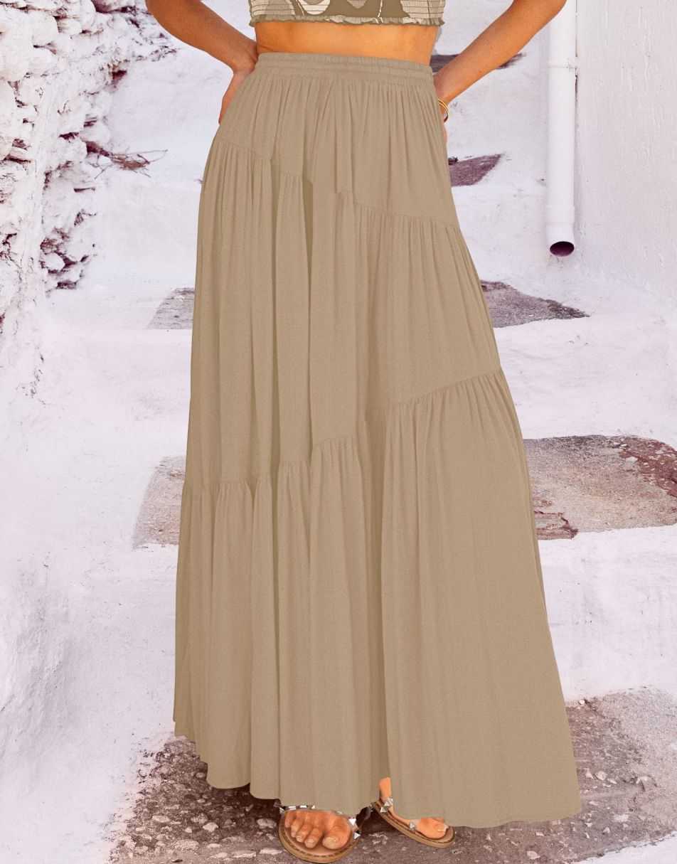 ANRABESS Boho High Waist Pleated A-Line Maxi Skirt