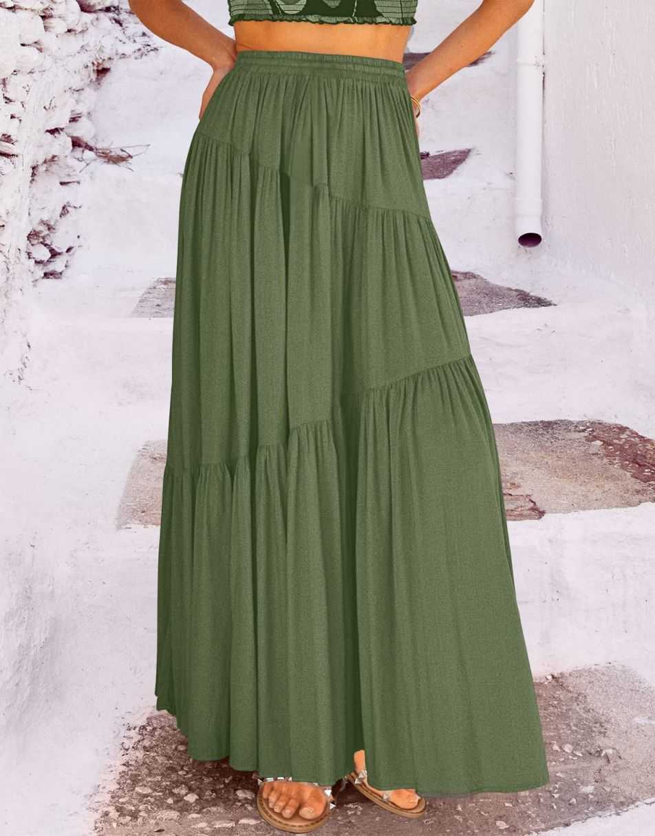 ANRABESS Boho High Waist Pleated A-Line Maxi Skirt