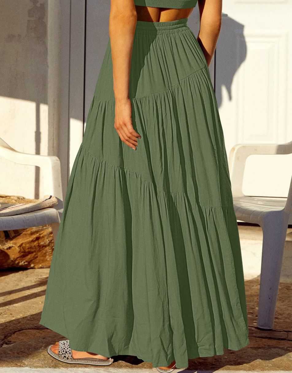 ANRABESS Boho High Waist Pleated A-Line Maxi Skirt