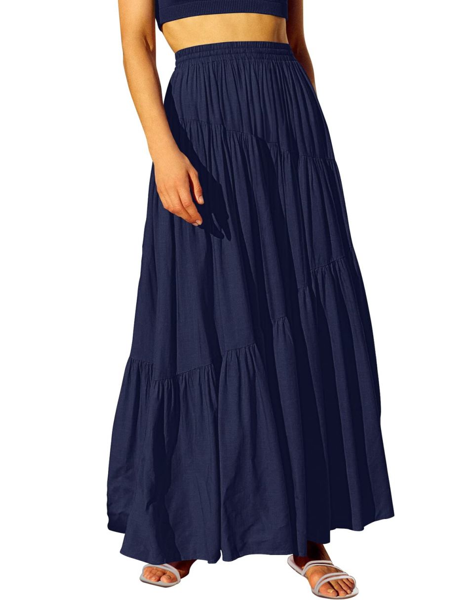 ANRABESS Boho High Waist Pleated A-Line Maxi Skirt