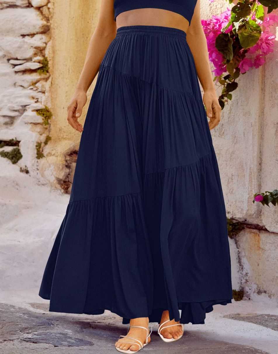 ANRABESS Boho High Waist Pleated A-Line Maxi Skirt