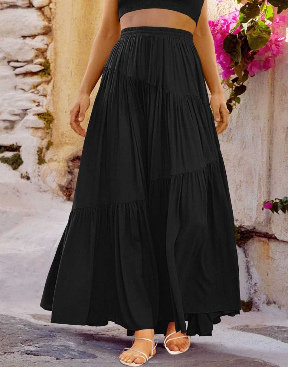 ANRABESS Boho High Waist Pleated A-Line Maxi Skirt