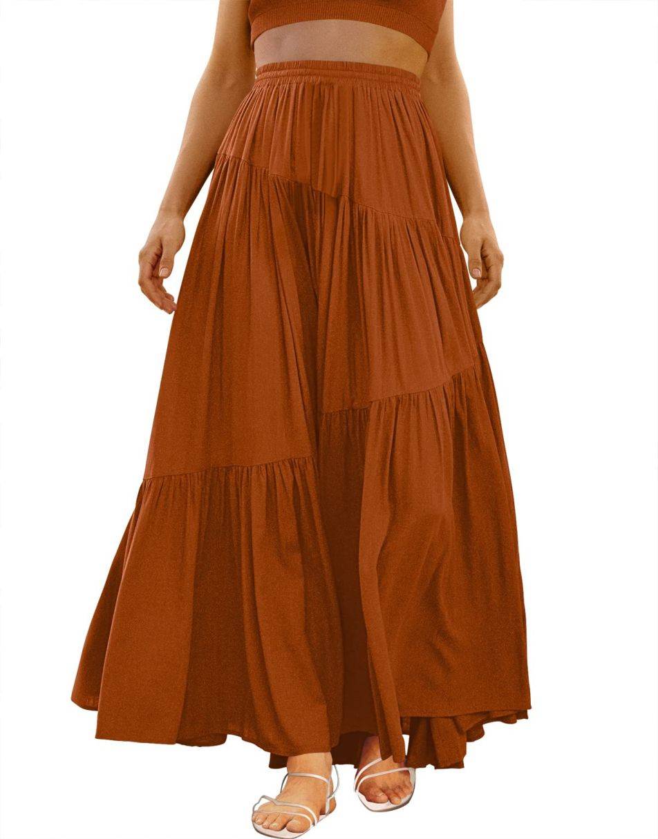 ANRABESS Boho High Waist Pleated A-Line Maxi Skirt