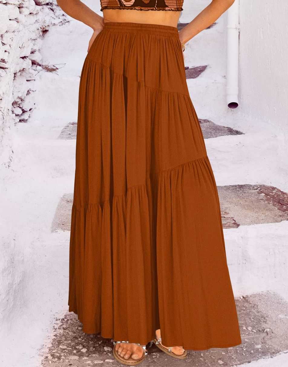 ANRABESS Boho High Waist Pleated A-Line Maxi Skirt