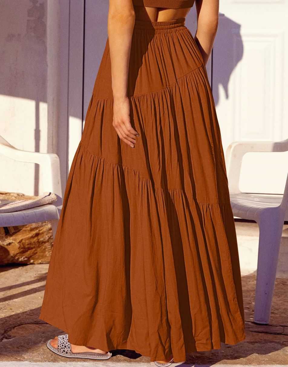 ANRABESS Boho High Waist Pleated A-Line Maxi Skirt