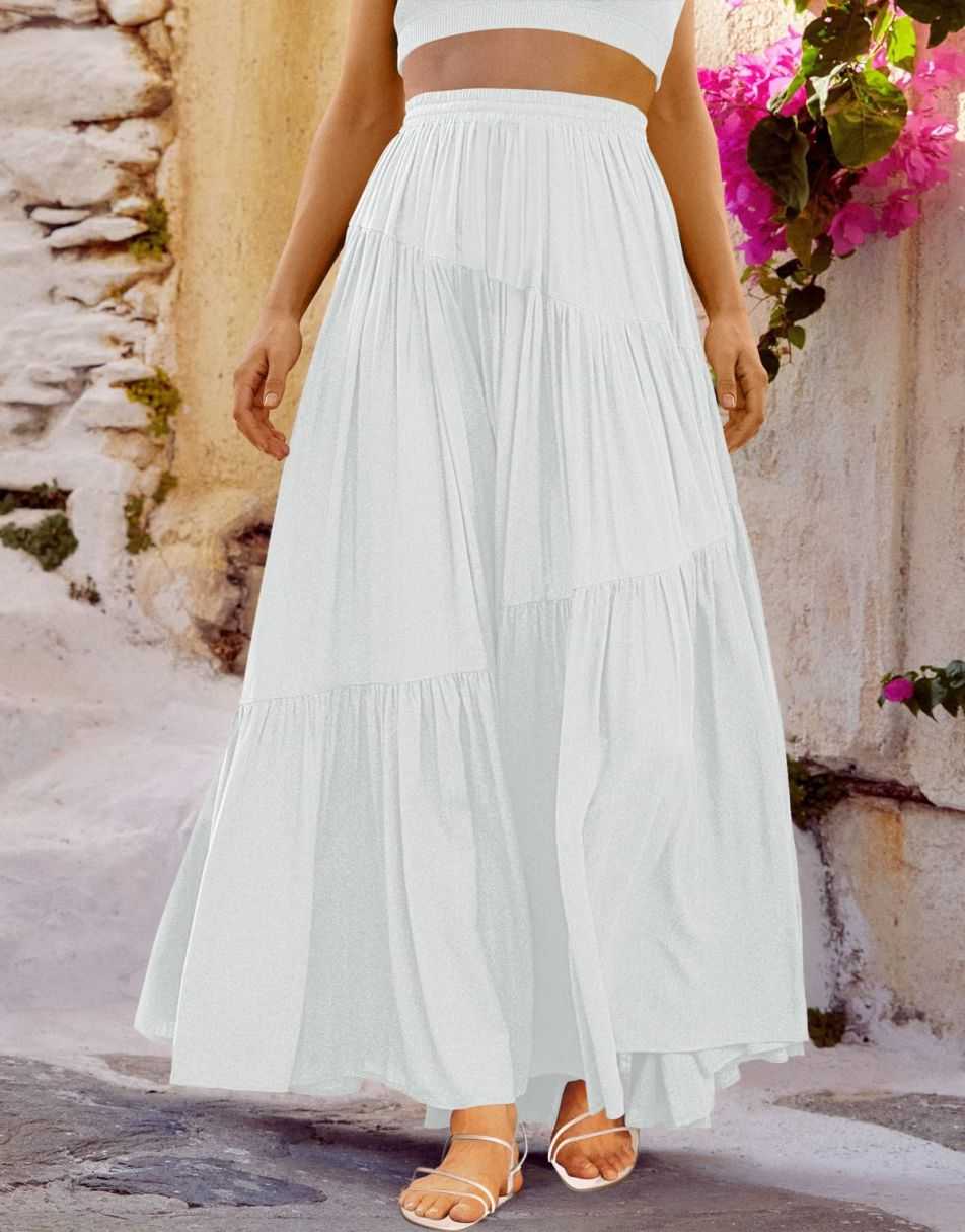ANRABESS Boho High Waist Pleated A-Line Maxi Skirt