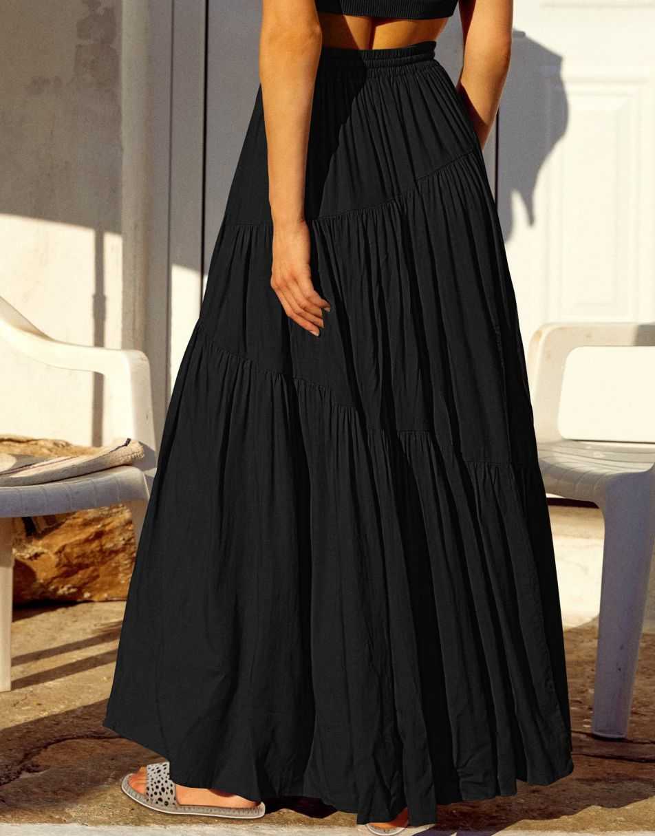 ANRABESS Boho High Waist Pleated A-Line Maxi Skirt