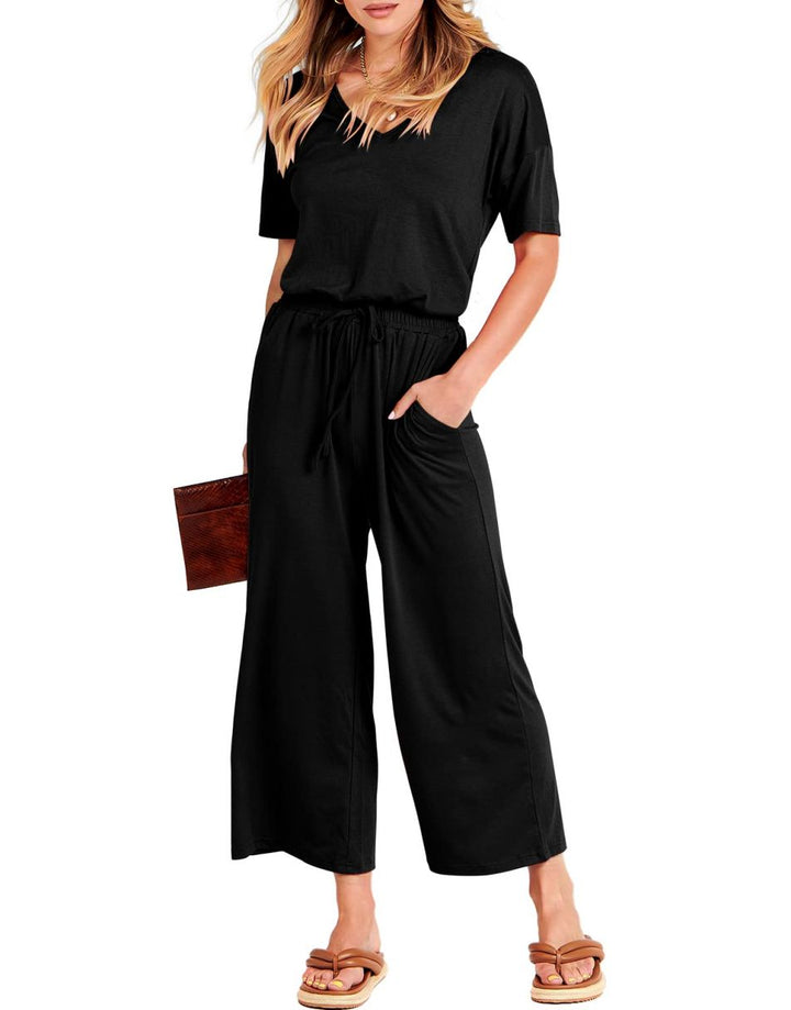 ANRABESS V-Neck Elastic Waist Wide Leg Cropped Jumpsuit