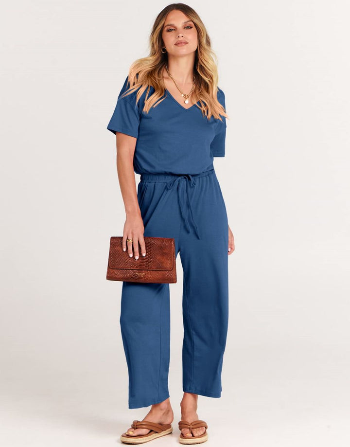 ANRABESS V-Neck Elastic Waist Wide Leg Cropped Jumpsuit