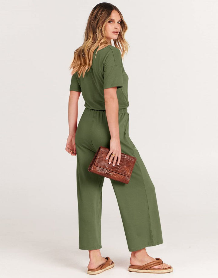 ANRABESS V-Neck Elastic Waist Wide Leg Cropped Jumpsuit