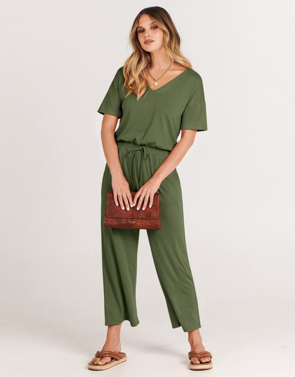 ANRABESS V-Neck Elastic Waist Wide Leg Cropped Jumpsuit