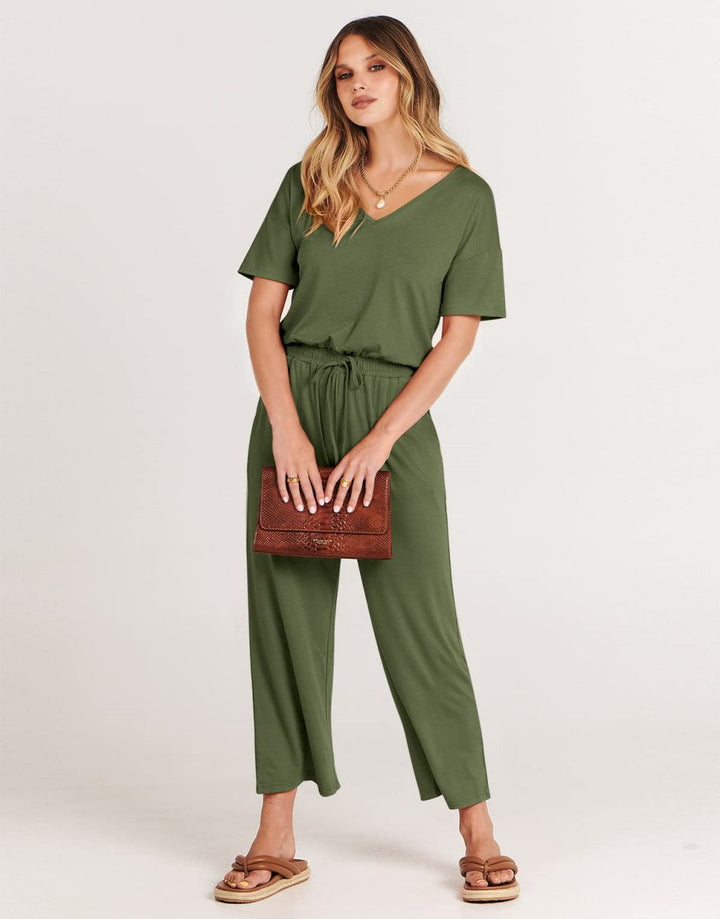 ANRABESS V-Neck Elastic Waist Wide Leg Cropped Jumpsuit