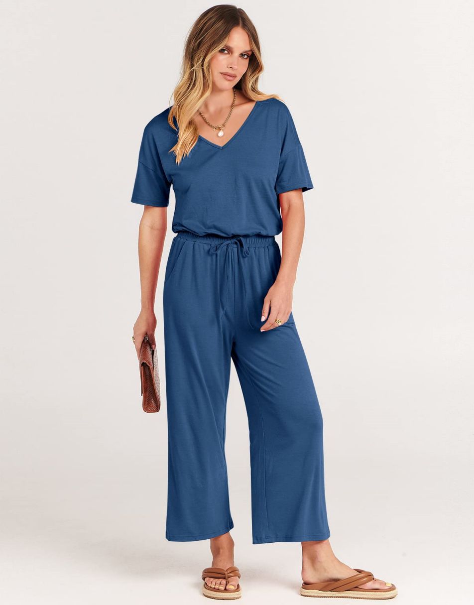 ANRABESS V-Neck Elastic Waist Wide Leg Cropped Jumpsuit
