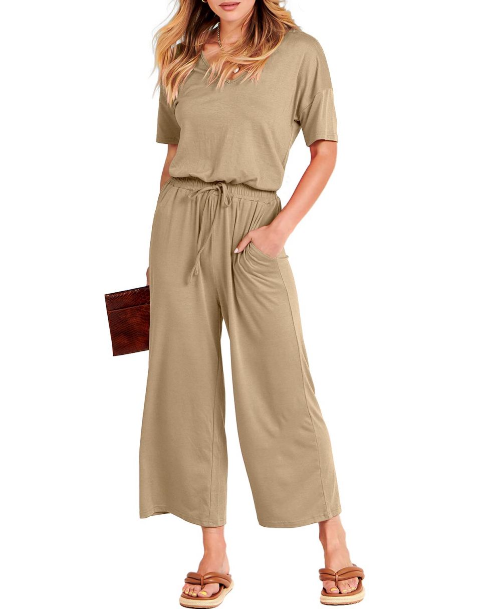 ANRABESS V-Neck Elastic Waist Wide Leg Cropped Jumpsuit