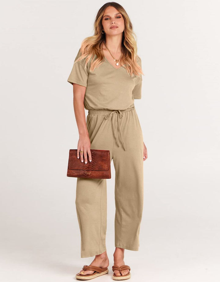 ANRABESS V-Neck Elastic Waist Wide Leg Cropped Jumpsuit