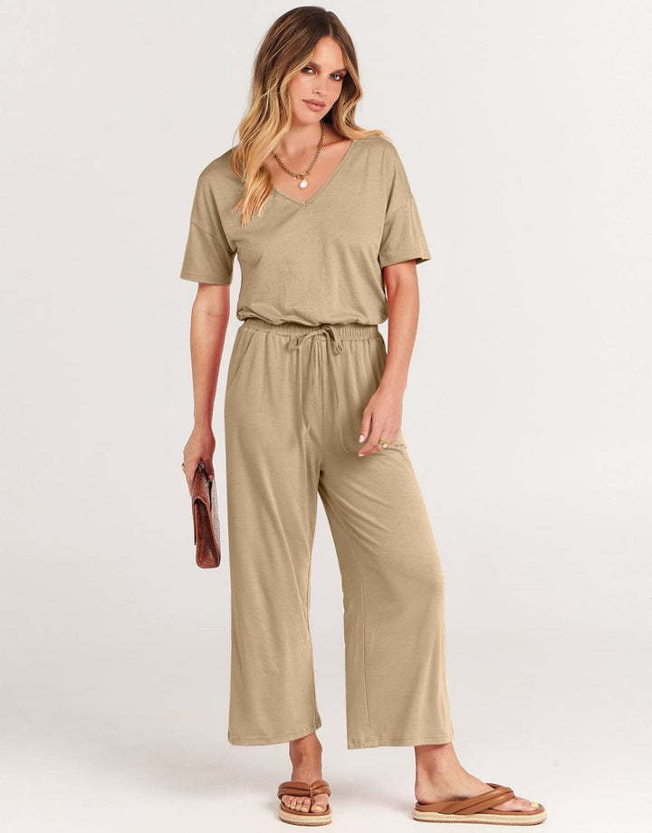 ANRABESS V-Neck Elastic Waist Wide Leg Cropped Jumpsuit