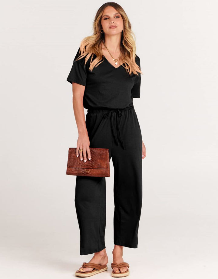 ANRABESS V-Neck Elastic Waist Wide Leg Cropped Jumpsuit