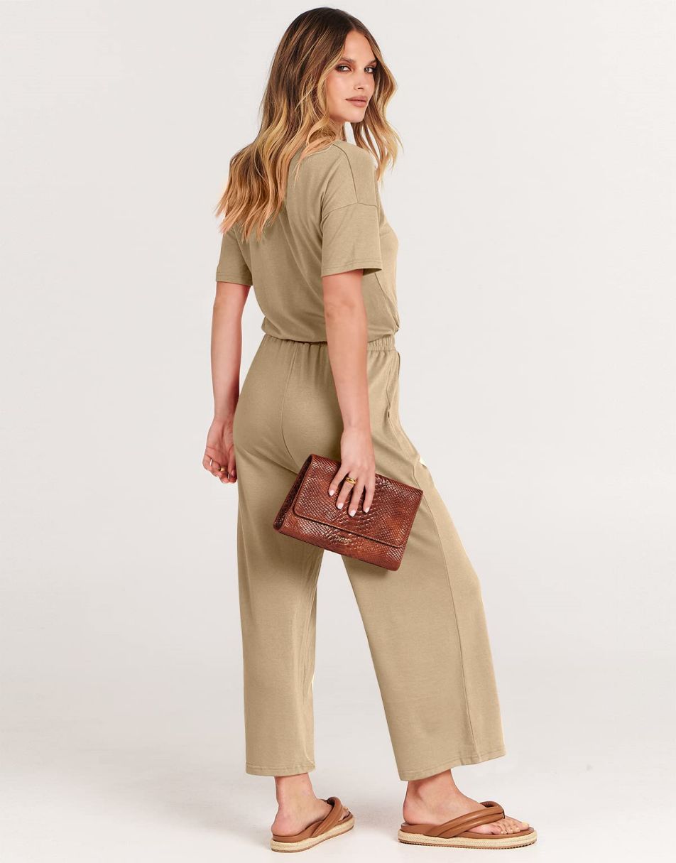 ANRABESS V-Neck Elastic Waist Wide Leg Cropped Jumpsuit