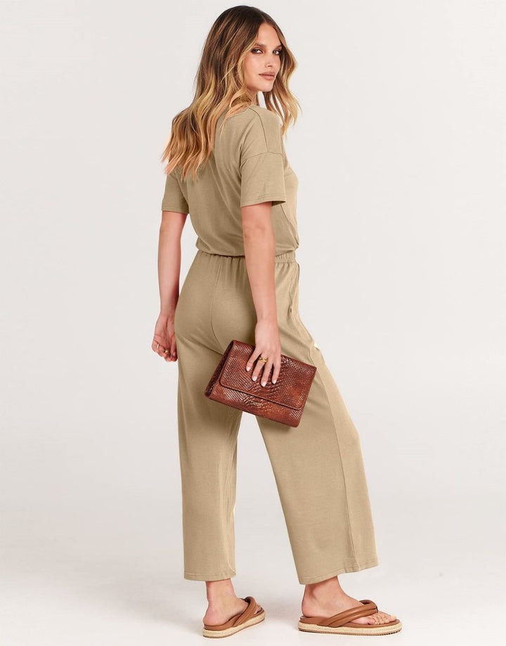 ANRABESS V-Neck Elastic Waist Wide Leg Cropped Jumpsuit