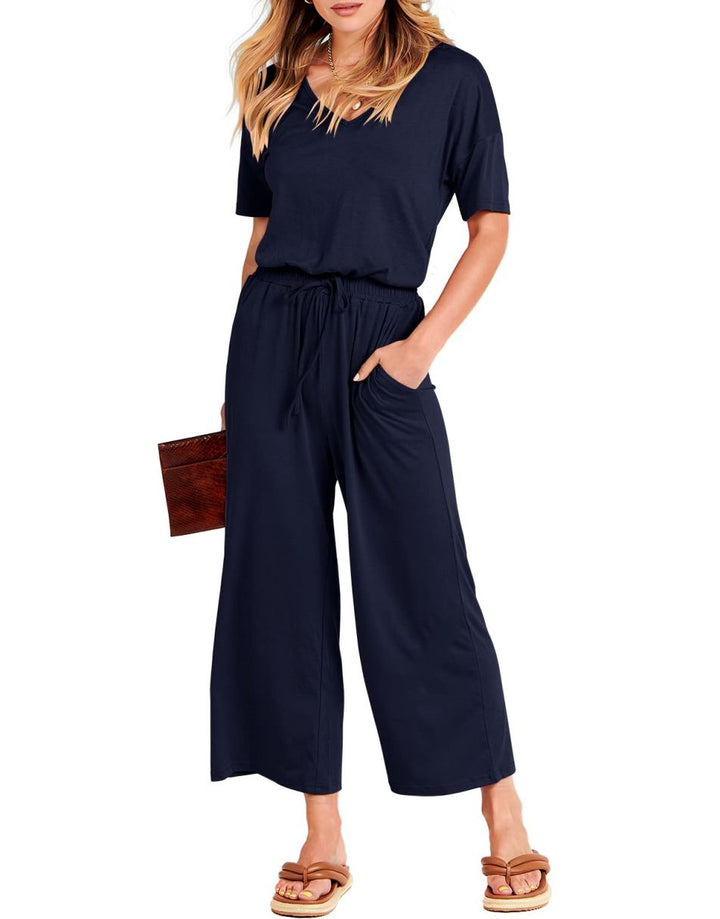 ANRABESS V-Neck Elastic Waist Wide Leg Cropped Jumpsuit