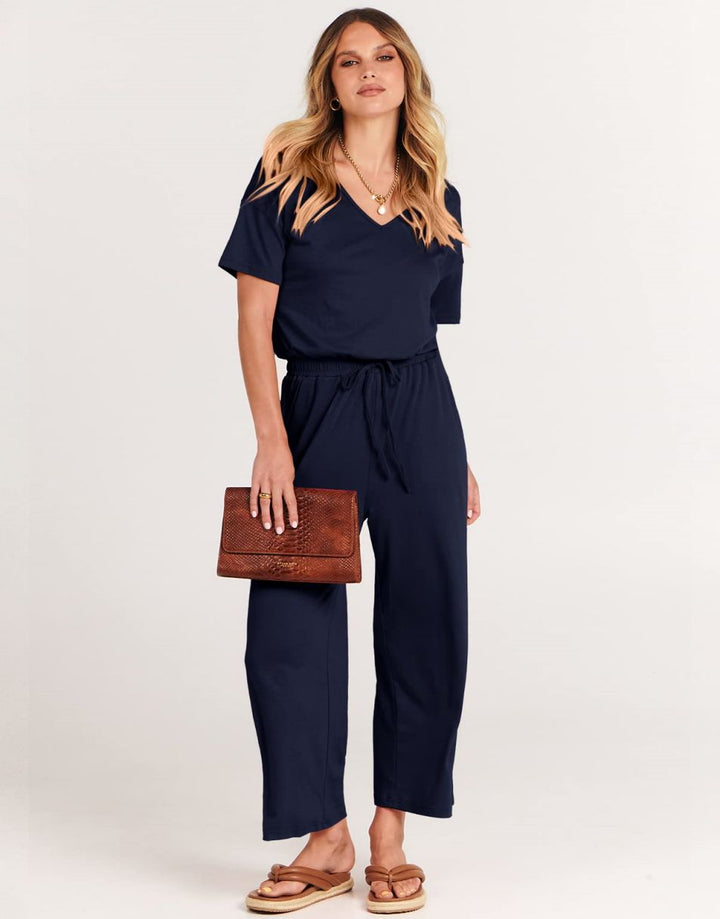 ANRABESS V-Neck Elastic Waist Wide Leg Cropped Jumpsuit