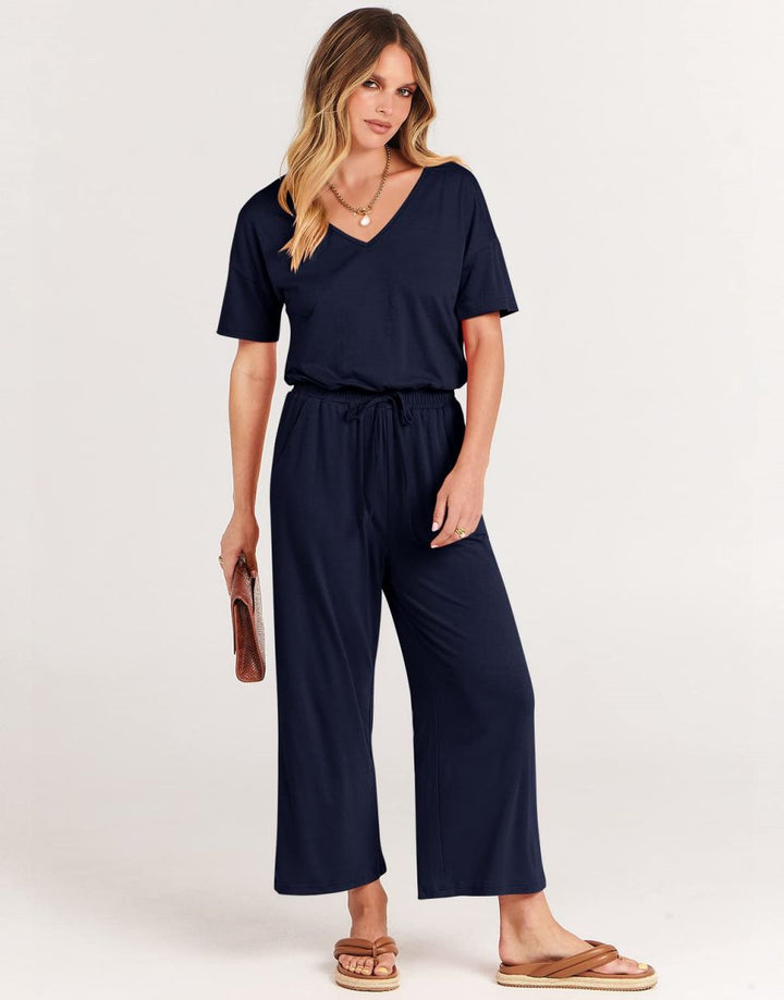 ANRABESS V-Neck Elastic Waist Wide Leg Cropped Jumpsuit