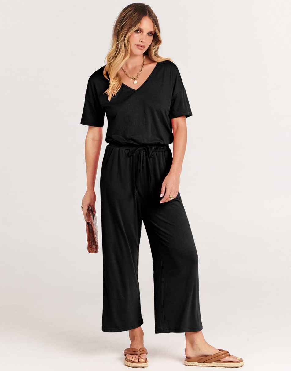 ANRABESS V-Neck Elastic Waist Wide Leg Cropped Jumpsuit