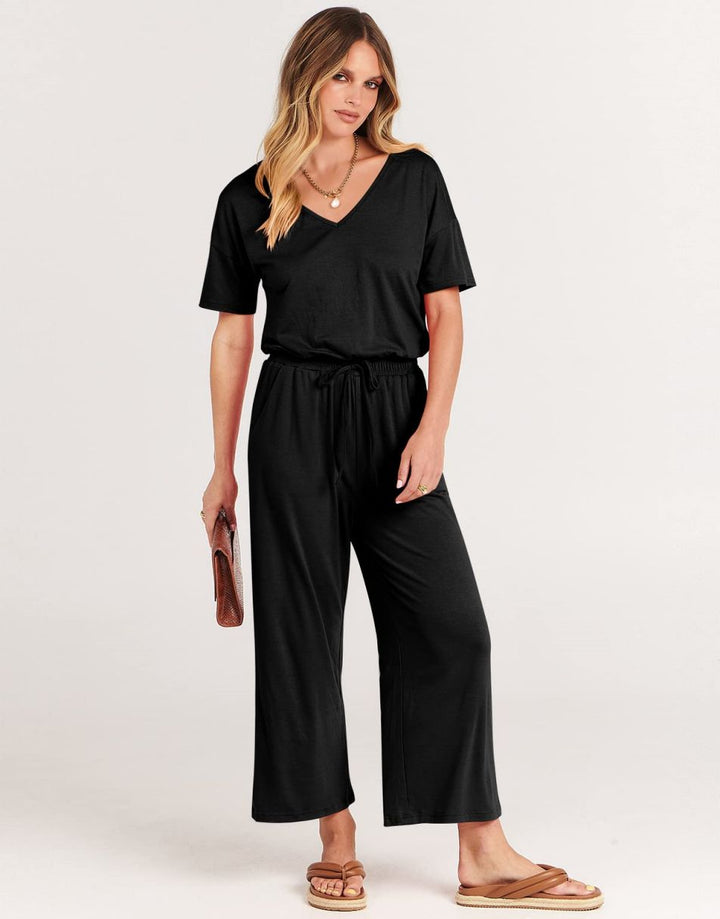 ANRABESS V-Neck Elastic Waist Wide Leg Cropped Jumpsuit