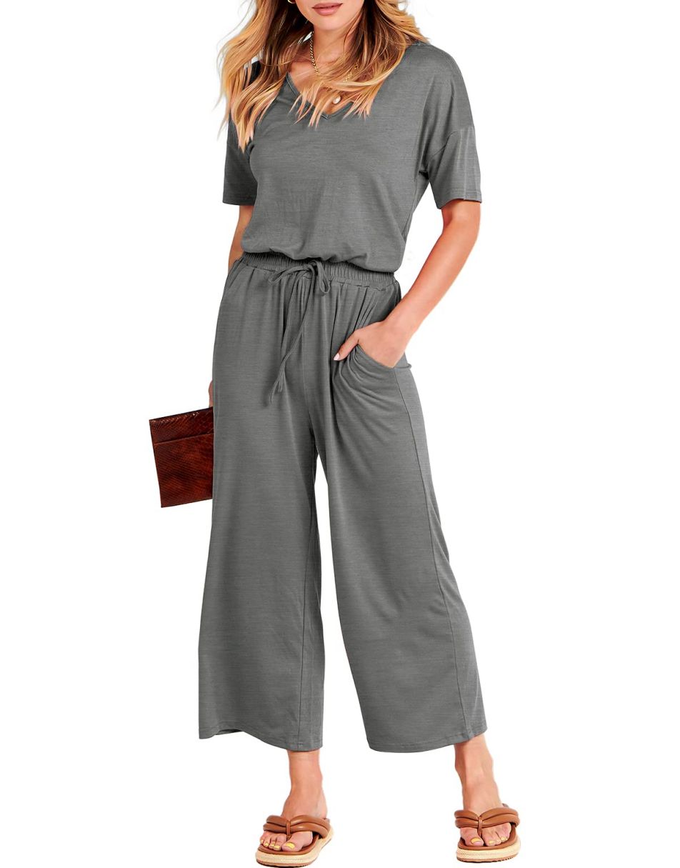 ANRABESS V-Neck Elastic Waist Wide Leg Cropped Jumpsuit