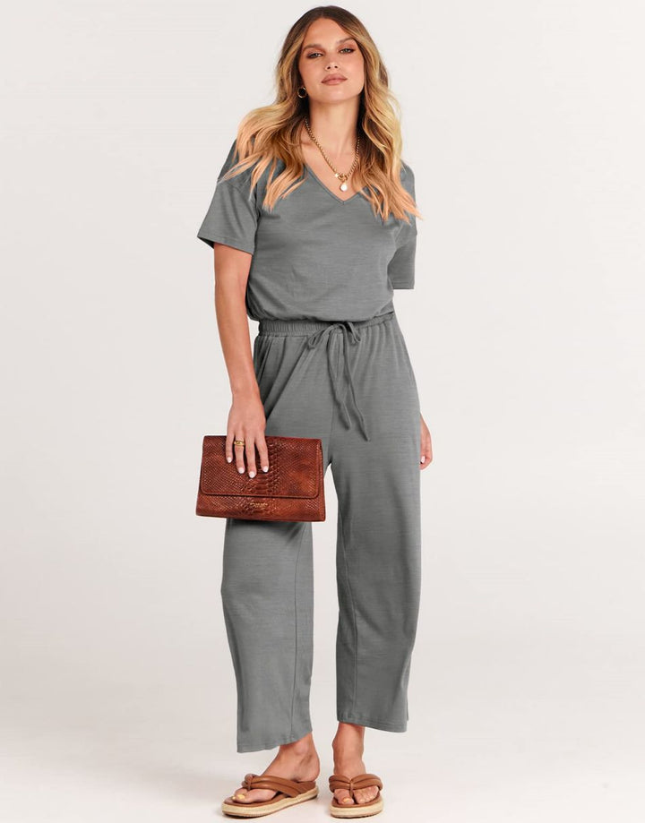 ANRABESS V-Neck Elastic Waist Wide Leg Cropped Jumpsuit