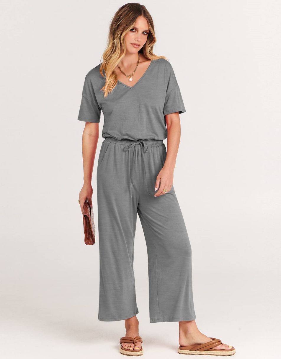 ANRABESS V-Neck Elastic Waist Wide Leg Cropped Jumpsuit