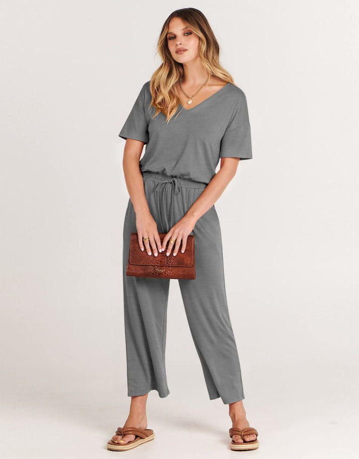 ANRABESS V-Neck Elastic Waist Wide Leg Cropped Jumpsuit