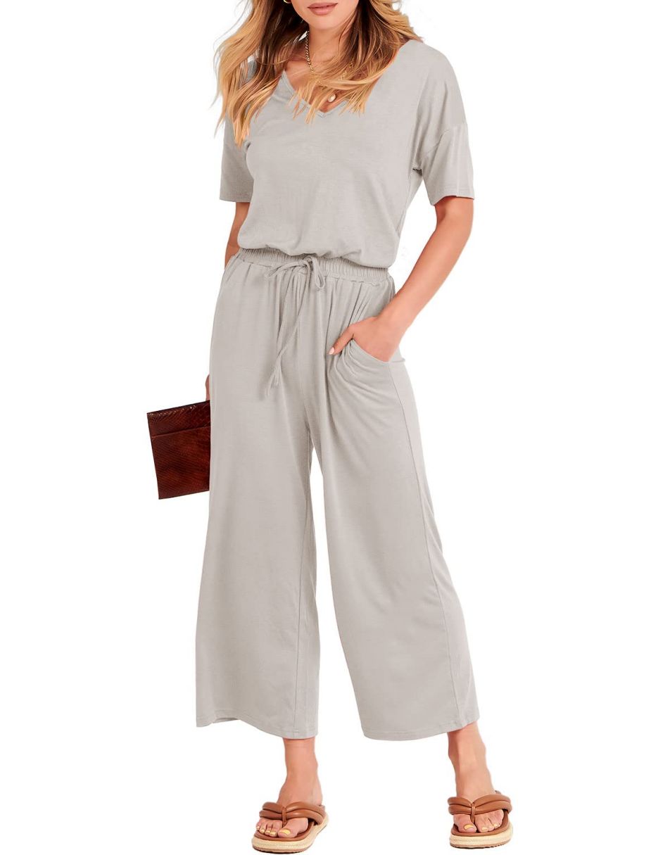 ANRABESS V-Neck Elastic Waist Wide Leg Cropped Jumpsuit