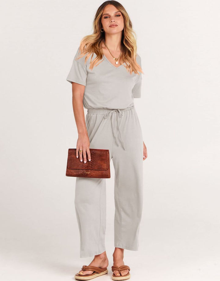 ANRABESS V-Neck Elastic Waist Wide Leg Cropped Jumpsuit