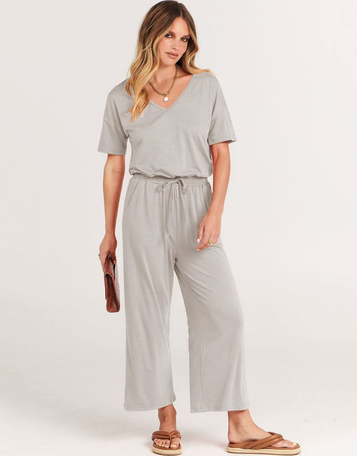 ANRABESS V-Neck Elastic Waist Wide Leg Cropped Jumpsuit