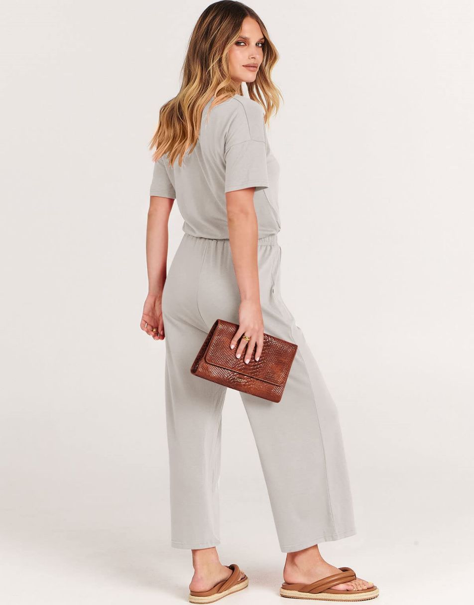 ANRABESS V-Neck Elastic Waist Wide Leg Cropped Jumpsuit