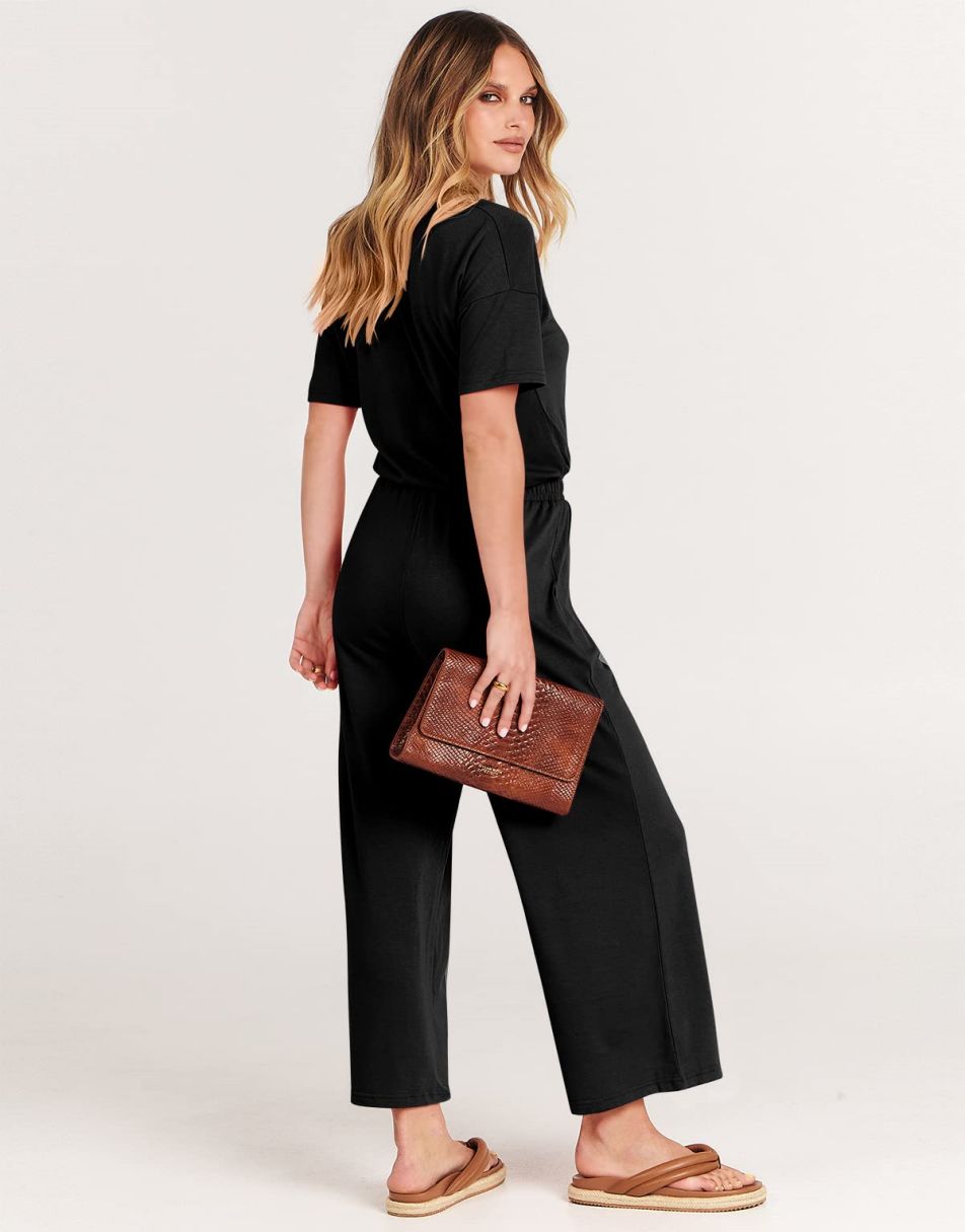 ANRABESS V-Neck Elastic Waist Wide Leg Cropped Jumpsuit