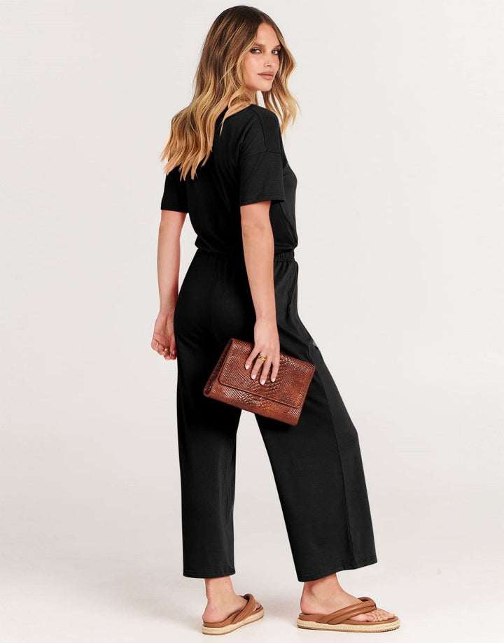 ANRABESS V-Neck Elastic Waist Wide Leg Cropped Jumpsuit