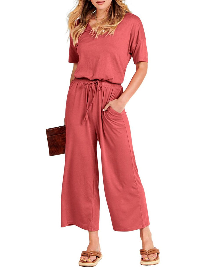 ANRABESS V-Neck Elastic Waist Wide Leg Cropped Jumpsuit
