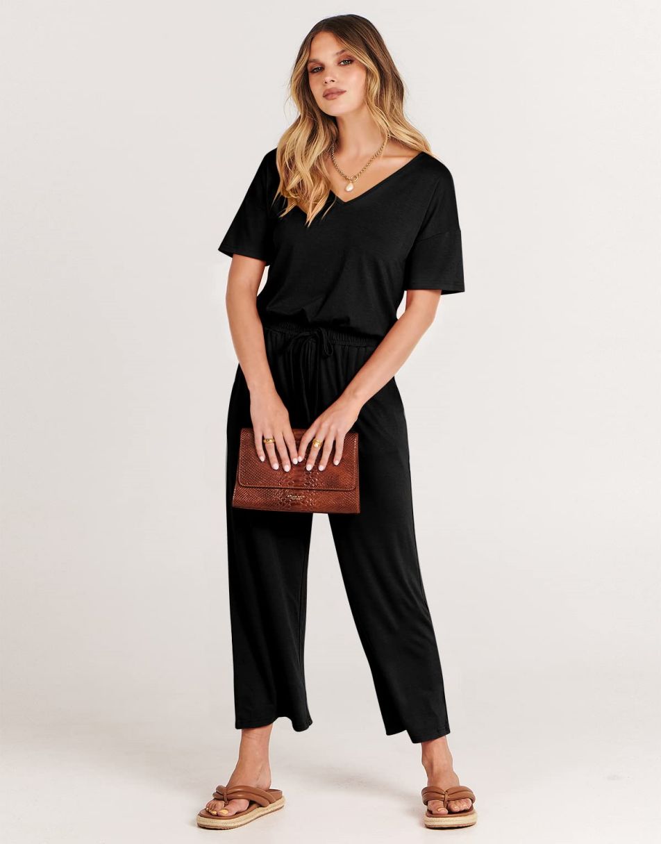 ANRABESS V-Neck Elastic Waist Wide Leg Cropped Jumpsuit