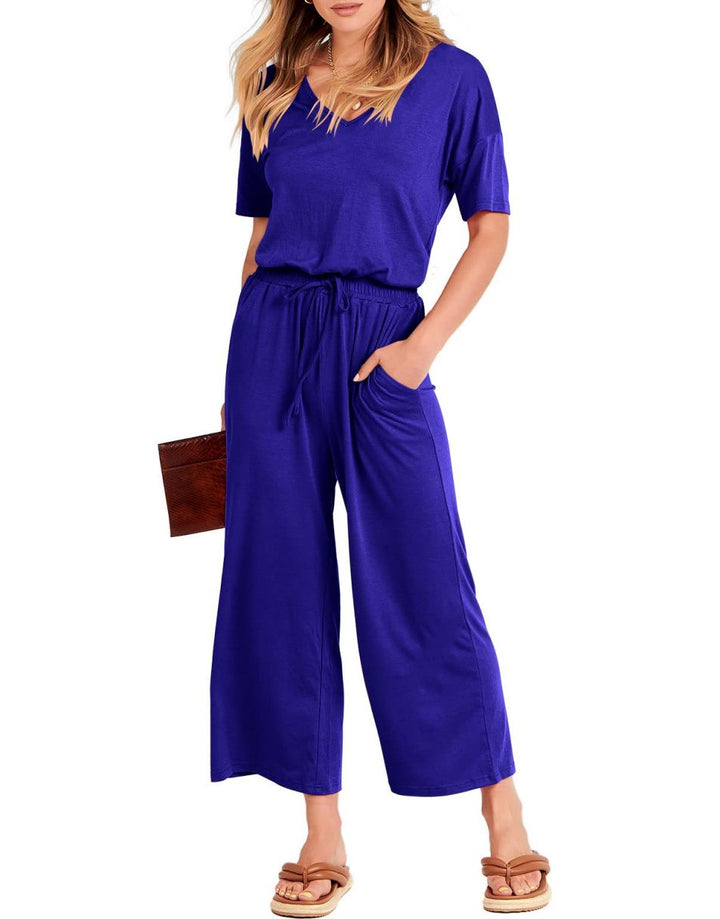 ANRABESS V-Neck Elastic Waist Wide Leg Cropped Jumpsuit