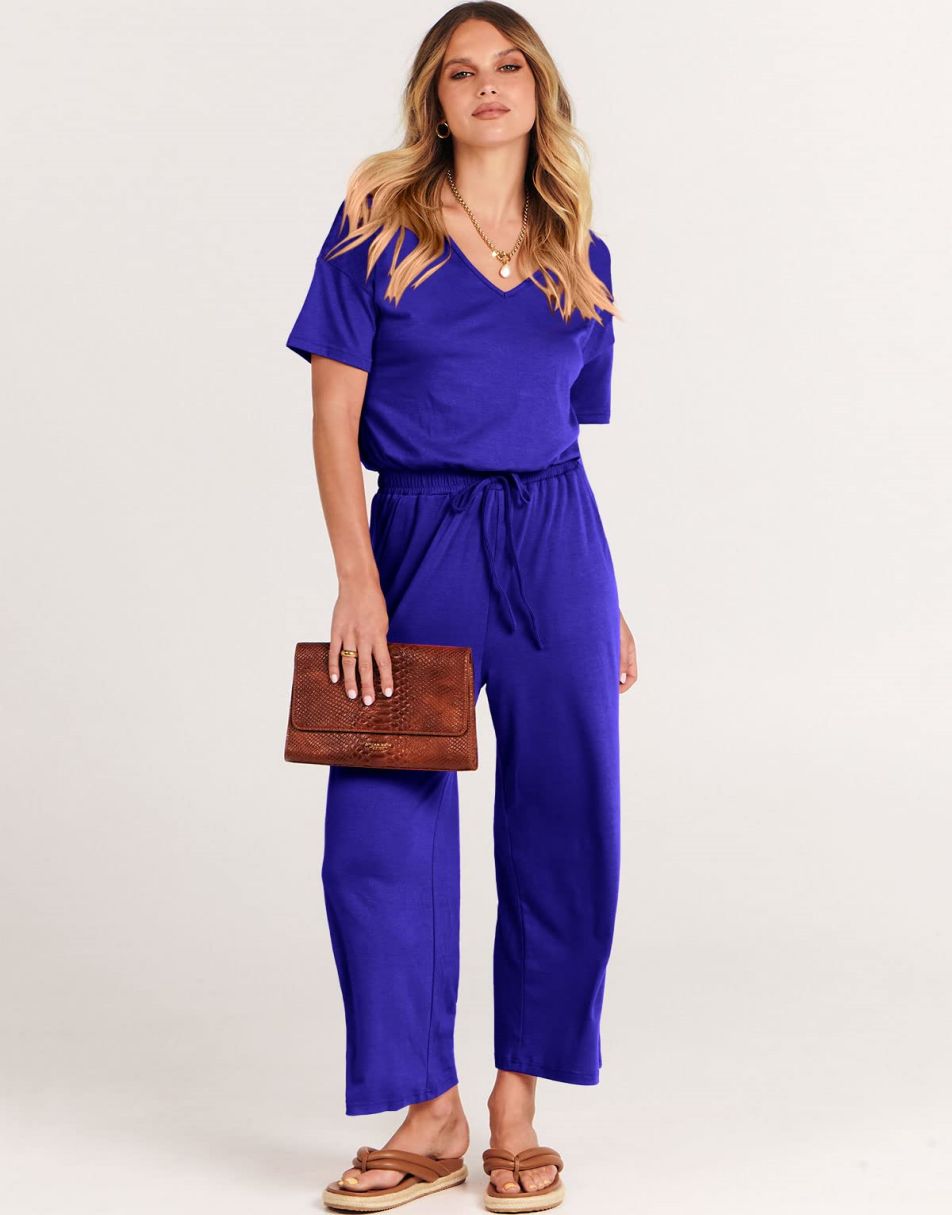 ANRABESS V-Neck Elastic Waist Wide Leg Cropped Jumpsuit