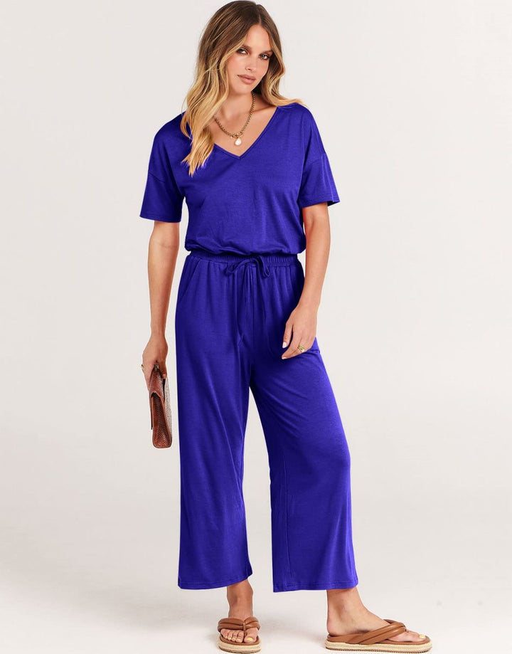 ANRABESS V-Neck Elastic Waist Wide Leg Cropped Jumpsuit