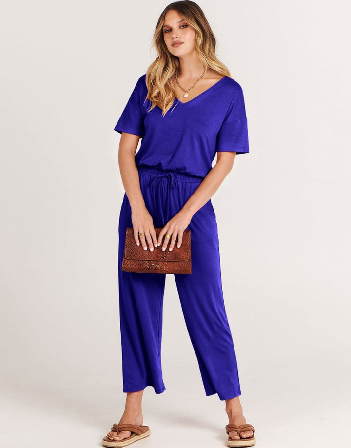 ANRABESS V-Neck Elastic Waist Wide Leg Cropped Jumpsuit
