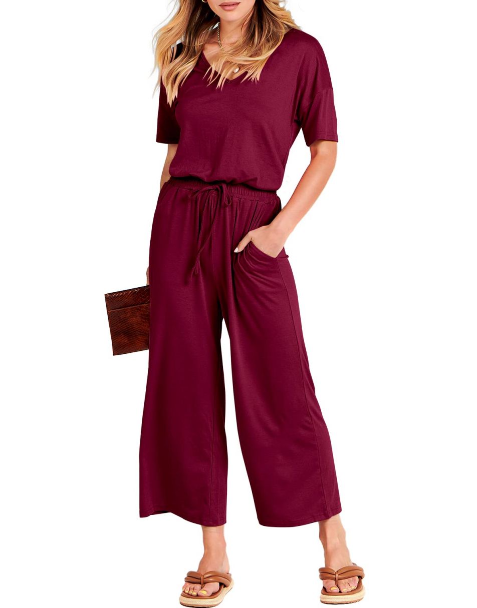 ANRABESS V-Neck Elastic Waist Wide Leg Cropped Jumpsuit