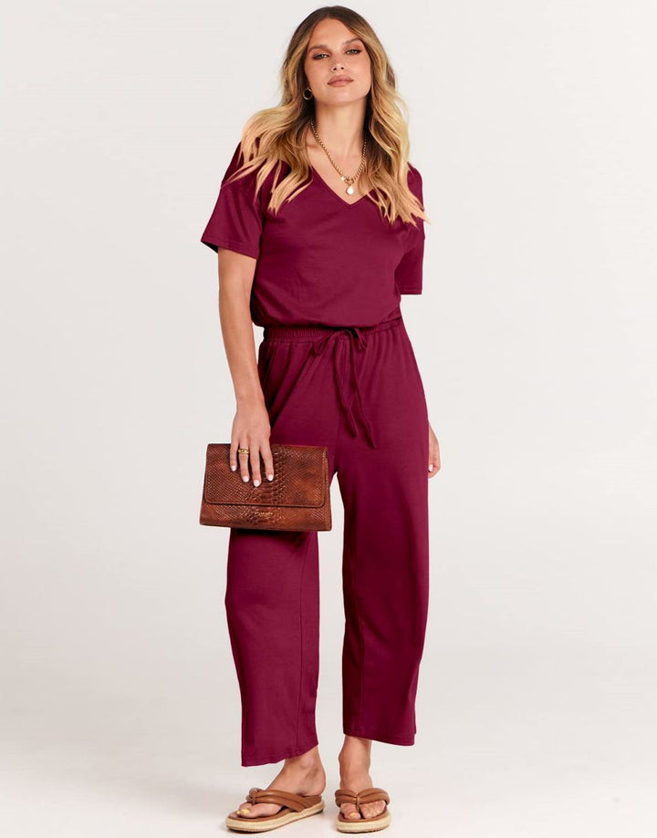 ANRABESS V-Neck Elastic Waist Wide Leg Cropped Jumpsuit