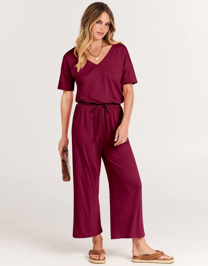 ANRABESS V-Neck Elastic Waist Wide Leg Cropped Jumpsuit