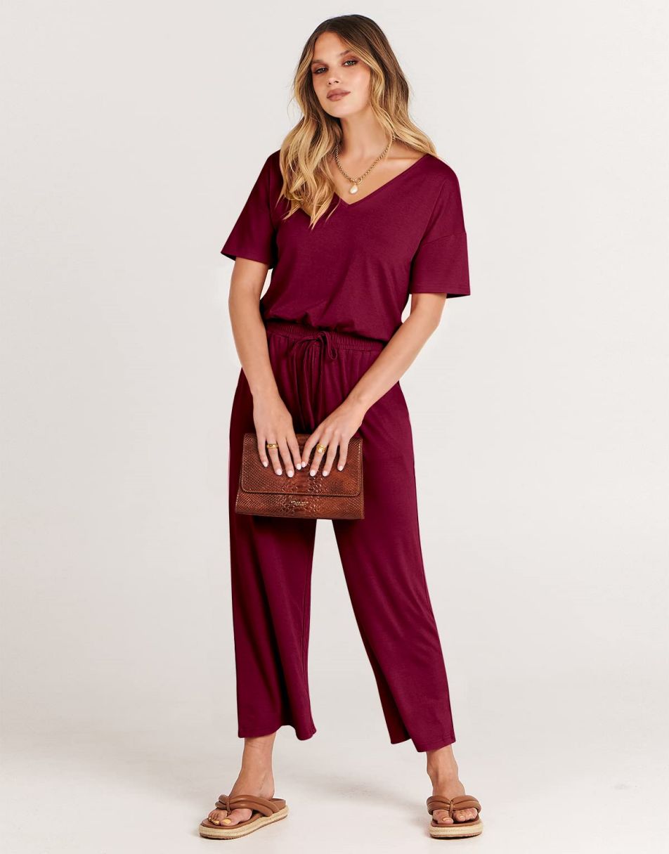 ANRABESS V-Neck Elastic Waist Wide Leg Cropped Jumpsuit