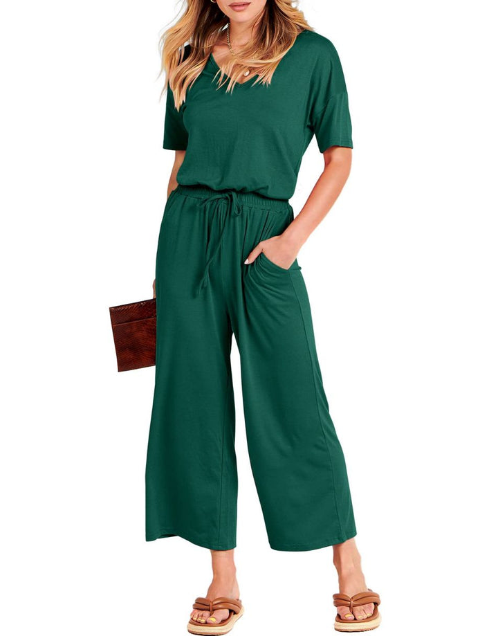 ANRABESS V-Neck Elastic Waist Wide Leg Cropped Jumpsuit